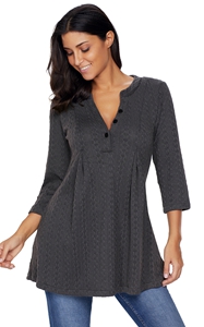 BY27750-1011 Charcoal Cable Knit Button Neck Swingy Tunic